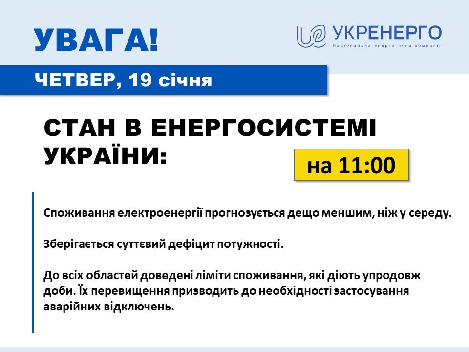 В Укрэнерго рассказали о ситуации со светом 19 января