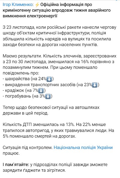В Украине снизилась преступность в период с 23 по 30 ноября