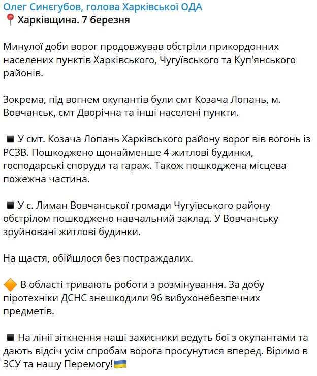 Голова Харківської ОДА Олег Синегубов розповів про обстріл регіону за добу