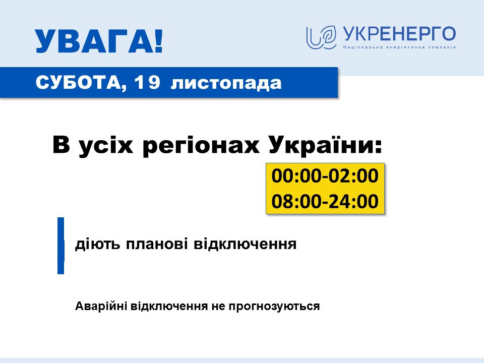 Отключения света в Украине 19 ноября