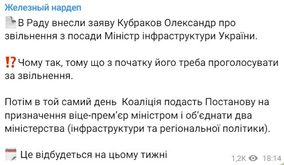 Скриншот из Телеграм Ярослава Железняка 