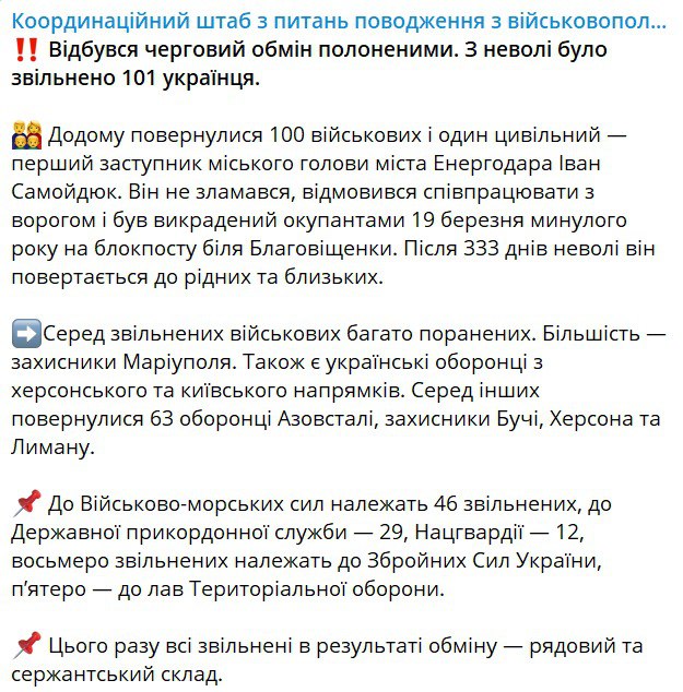 Скриншот из Телеграм Координационного штаба по вопросам обращения с военнопленными
