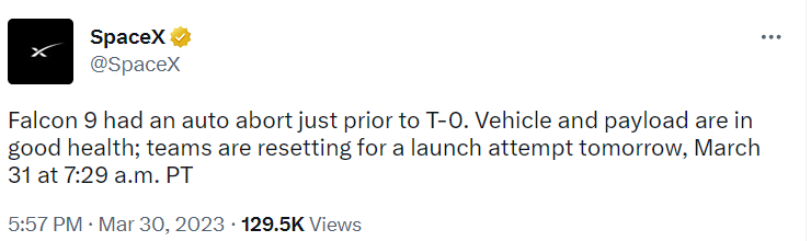 Запуск Falcon-9 скасували за три секунди до старту