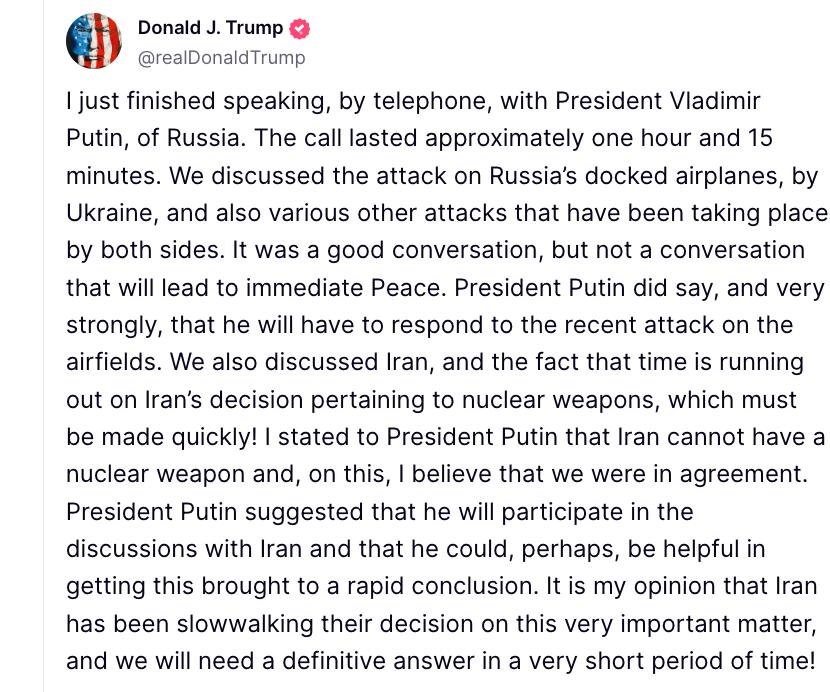 телефонна розмова Трампа та Путіна 4 червня