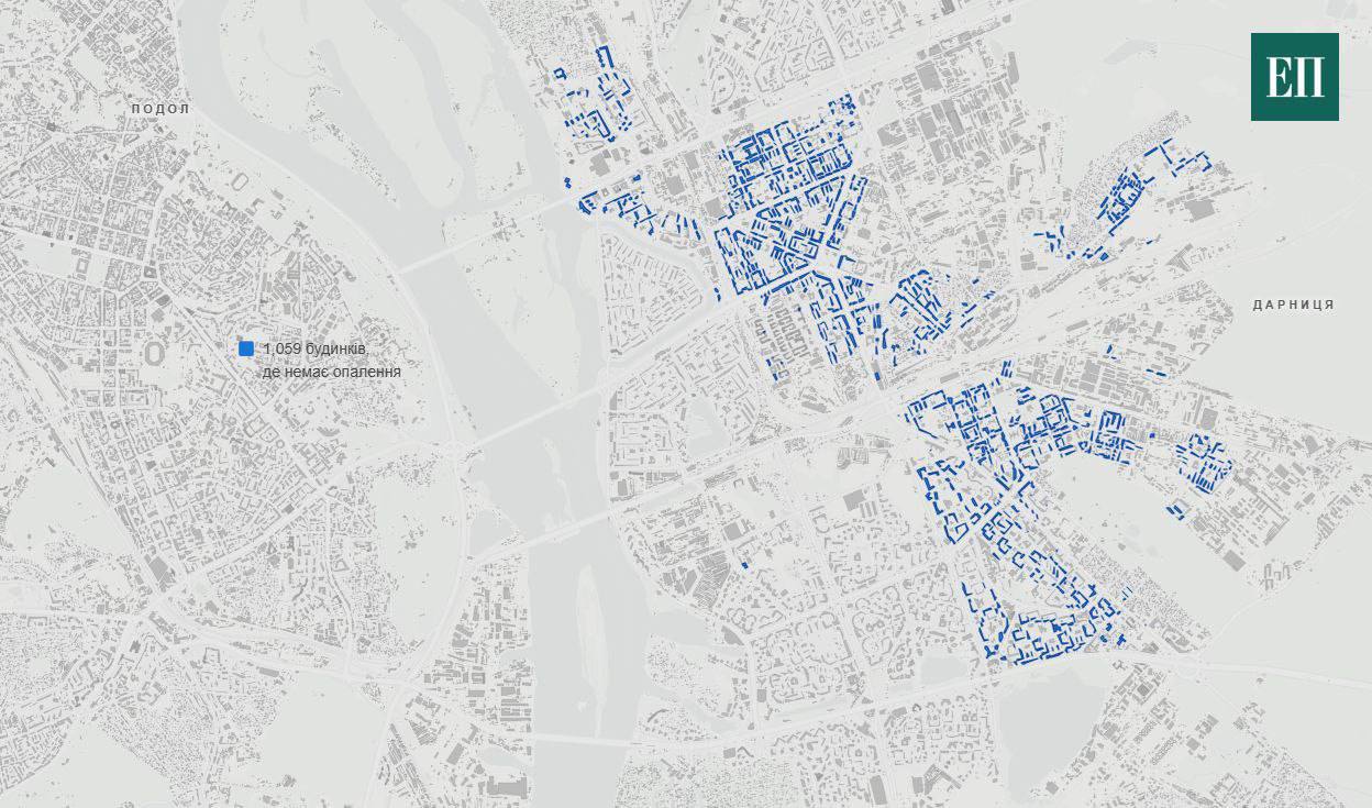 Карта Київ - скільки будинків на лівому березі залишиться без тепла щонайменше два місяці через руйнування Дарницької ТЕС