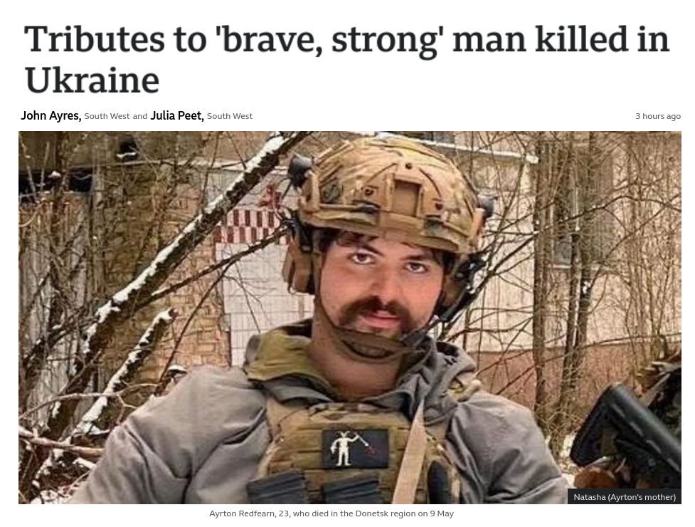 Снимок заголовка на bbc.com &ndash; На войне в Украине погиб 23-летний доброволец из Британии