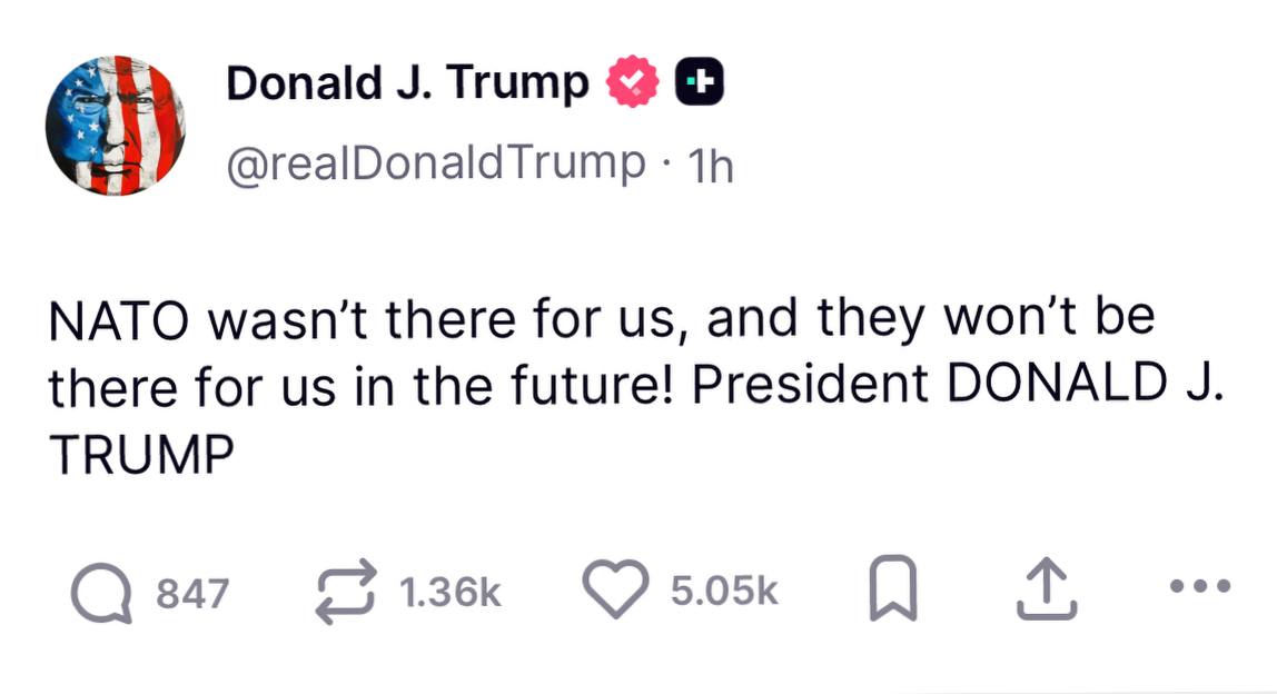 Знімок заголовка на truthsocial.com – Дональд Трамп звинувачує НАТО у відсутності допомоги