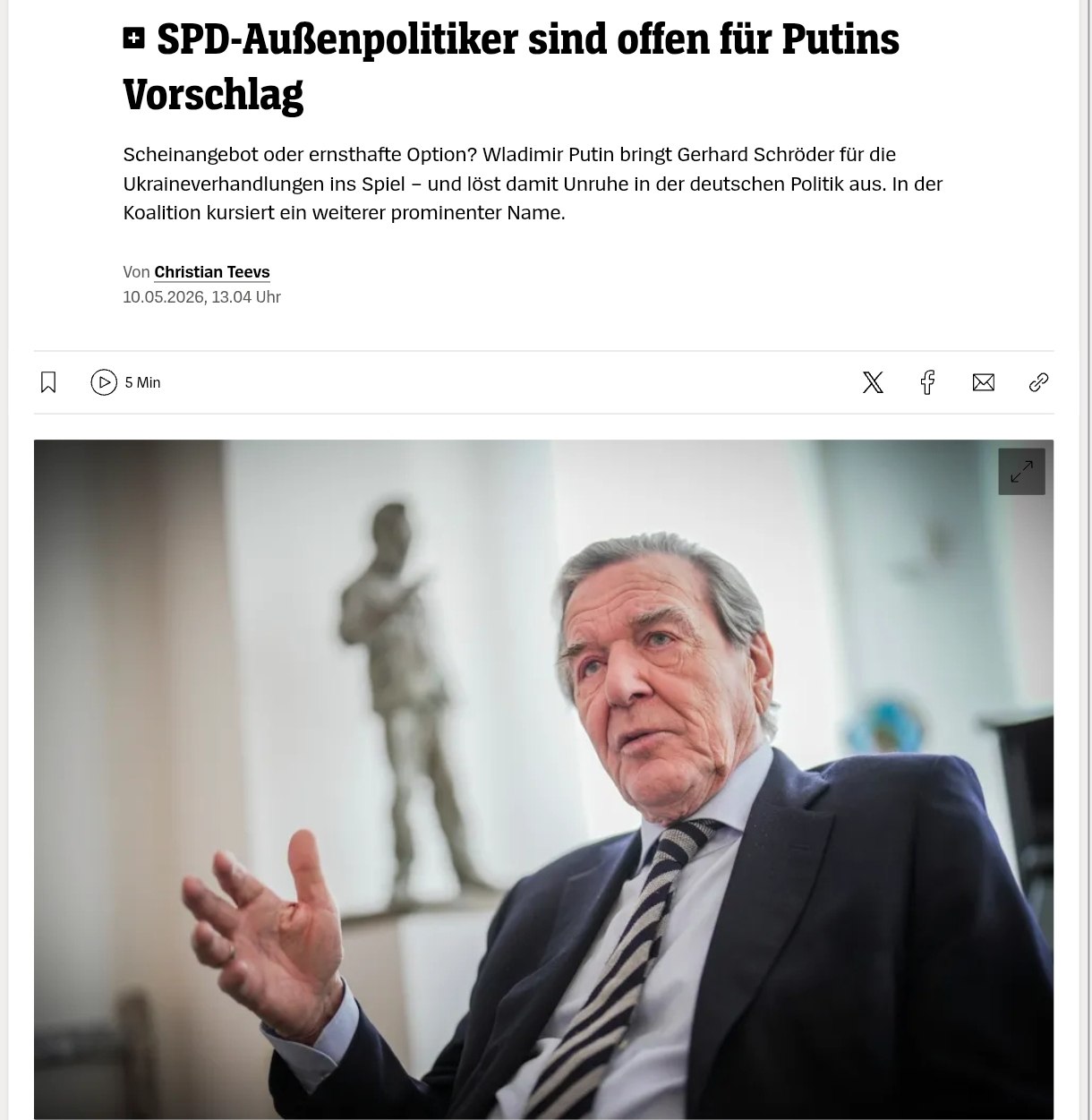 Снимок заголовка на spiegel.de &ndash; Франк-Вальтер Штайнмайер и Герхарда Шрёдер могут стать переговорщиками с Россией