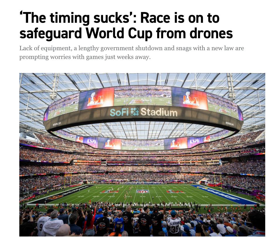 Снимок заголовка на politico.com &ndash; В США опасаются атаки дронов на чемпионате FIFA-2026