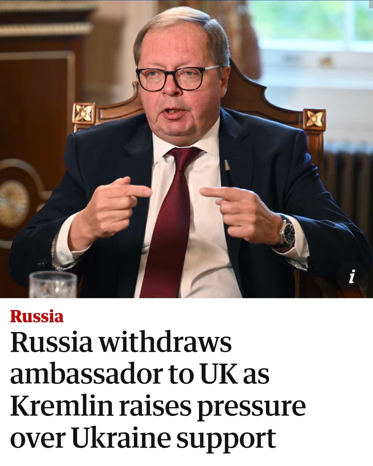 Снимок загловка на theguardian.com &ndash; Россия отозвала посла из Британии после ударов дронов по НПЗ