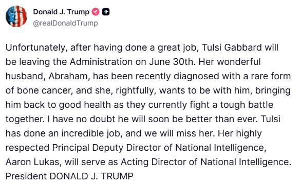 Трамп підтвердив звільнення Тулсі Габбард з посади голови розвідки США.