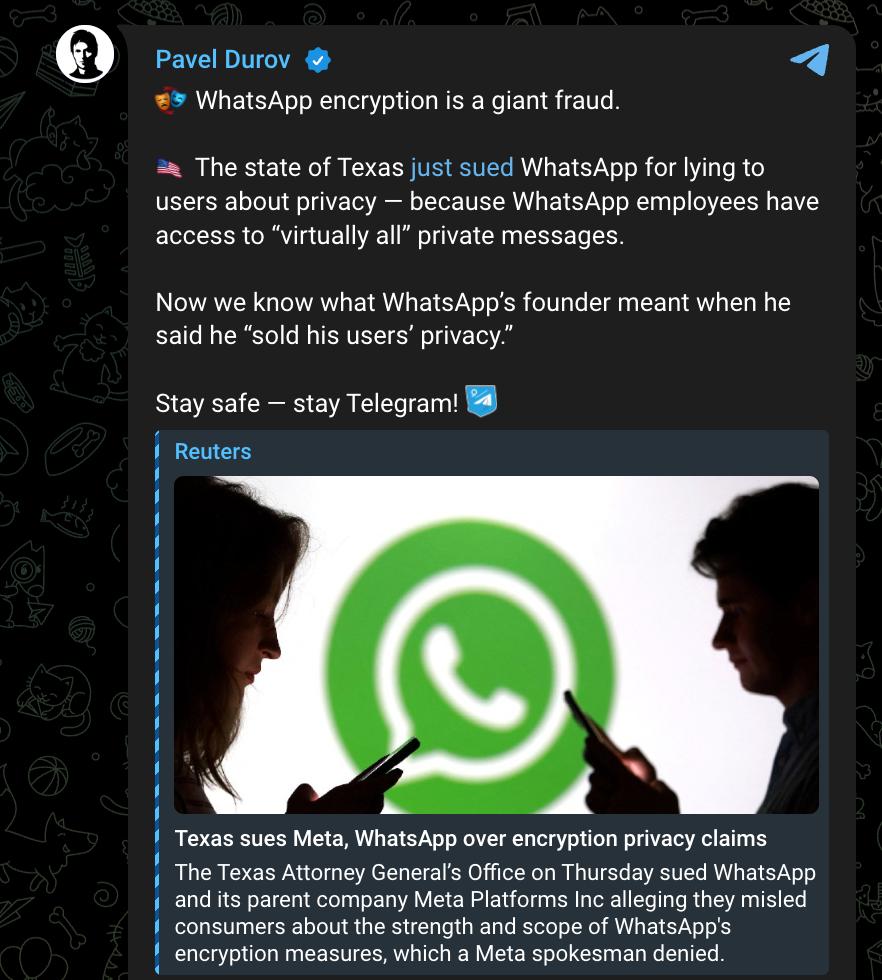 Знімок повідомлення у Телеграм &ndash; Павло Дуров звинуватив WhatsApp у шахрайстві