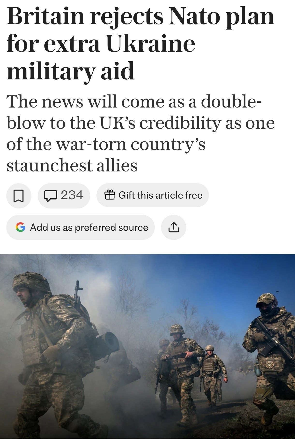 Снимок заголовка на telegraph.co.uk &ndash; Британия, Франция и ещё три страны заблокировали предложение НАТО о ежегодной помощи Украине