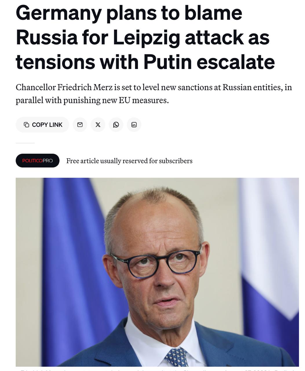 Снимок заголовка на politico.com &ndash; Германия обвинит Россию в попытке диверсии в аэропорту Лейпцига