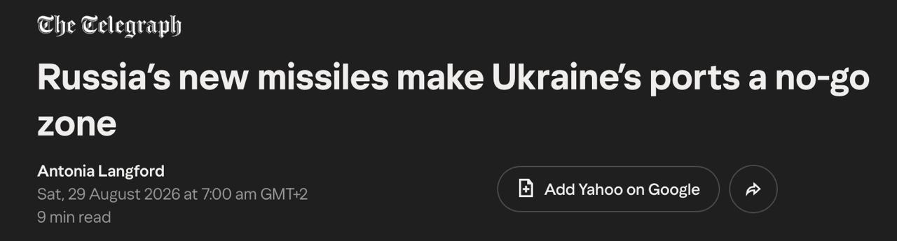 Снимок заголовка на telegraph.co.uk &ndash; Новая ракета РФ заблокировала порты Украины в Чёрном море