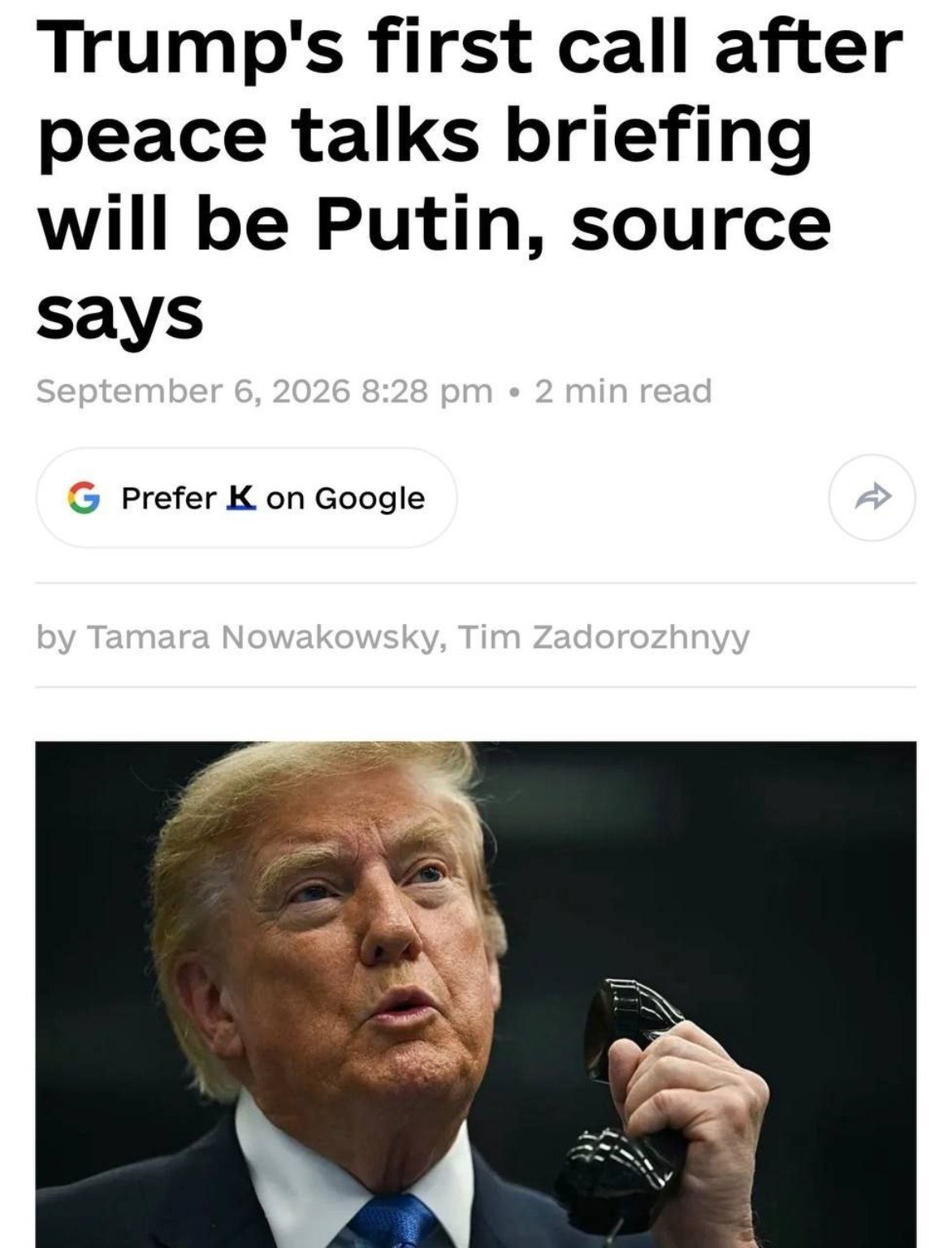 Знімок заголовка на kyivindependent.com &ndash; Дональд Трамп зателефонує президентам України та Росії
