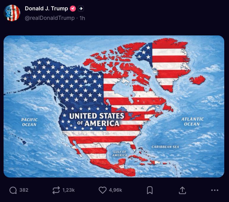 Карта Северного полушария Земли по версии Дональда Трампа. Источник &ndash; truthsocial.com