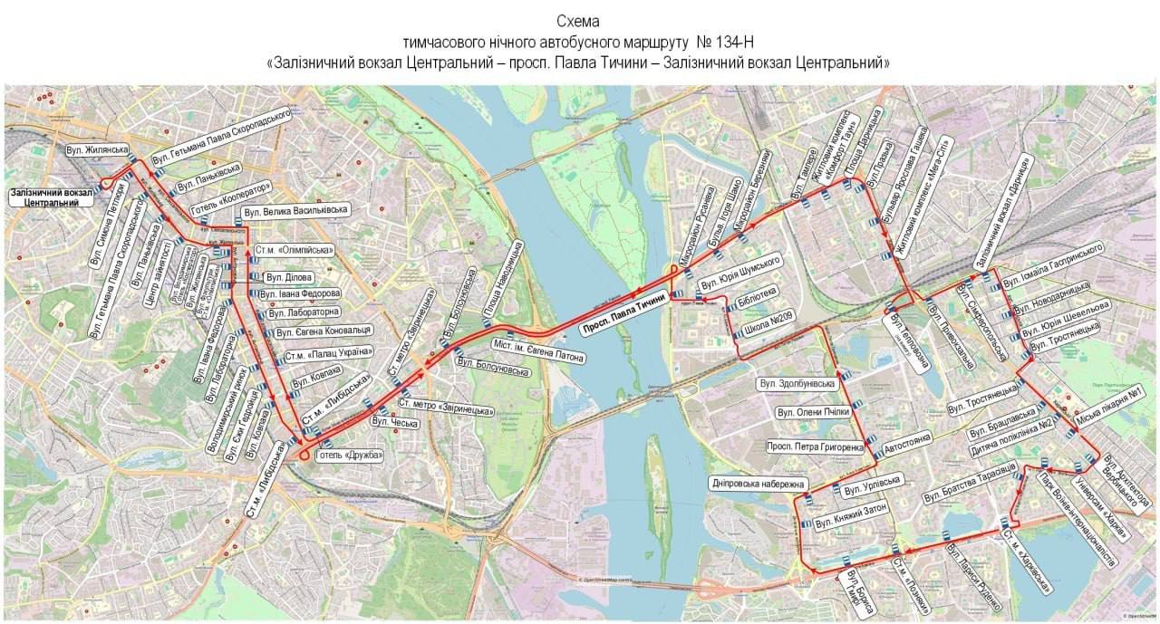 Карта руху автобусного маршруту Центральний вокзал &ndash; просп. Павла Тичини. Джерело &ndash; КГВА