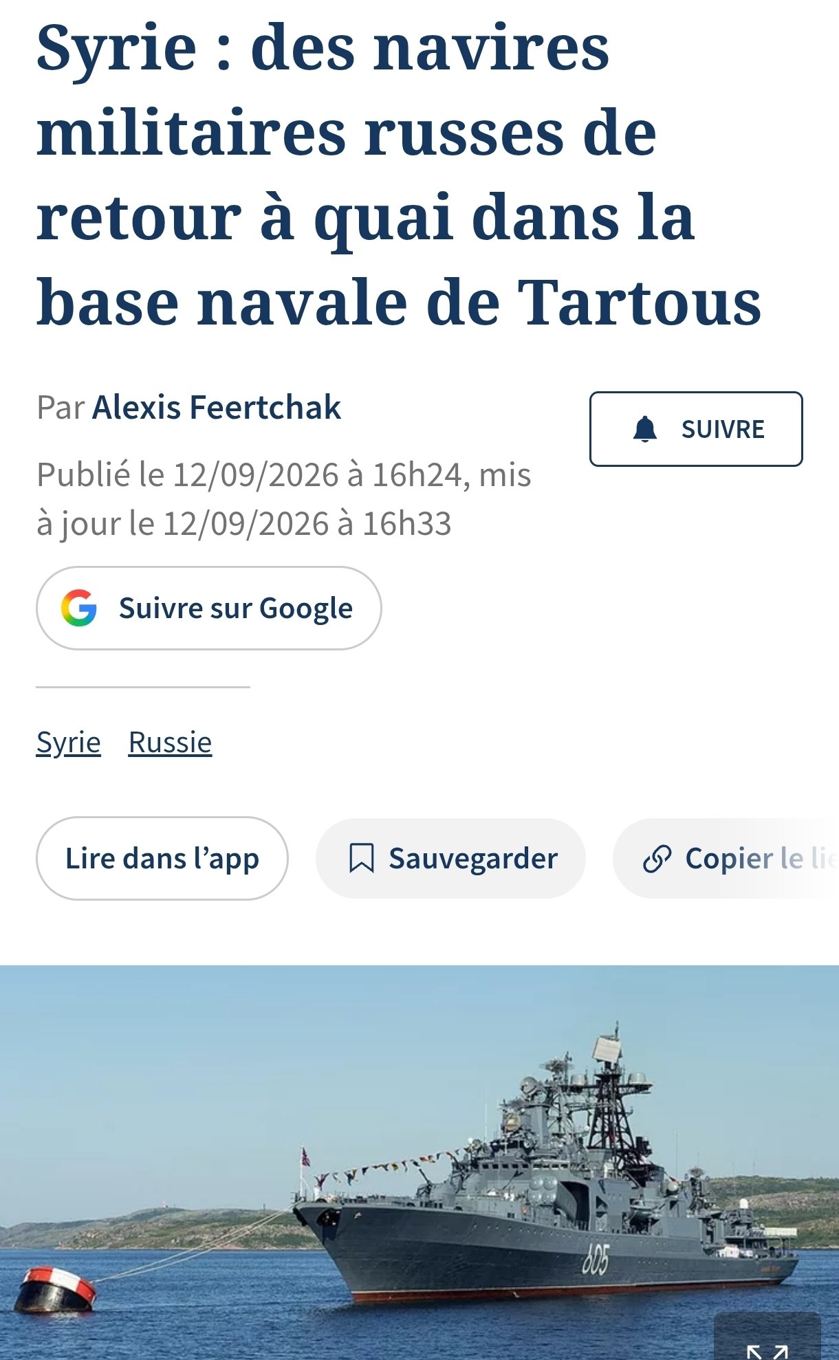Снимок заголовка на lefigaro.fr &ndash; Военные корабли РФ вернулись на базу в Сирии