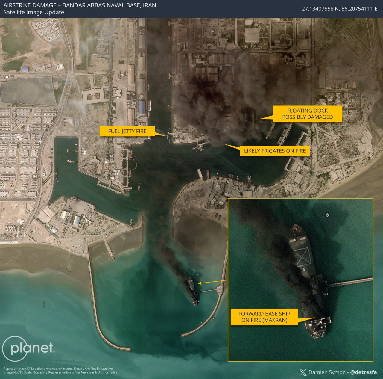 Фото горящих военно-морской базы и авианосца в Иране. Источник &ndash; planet.com