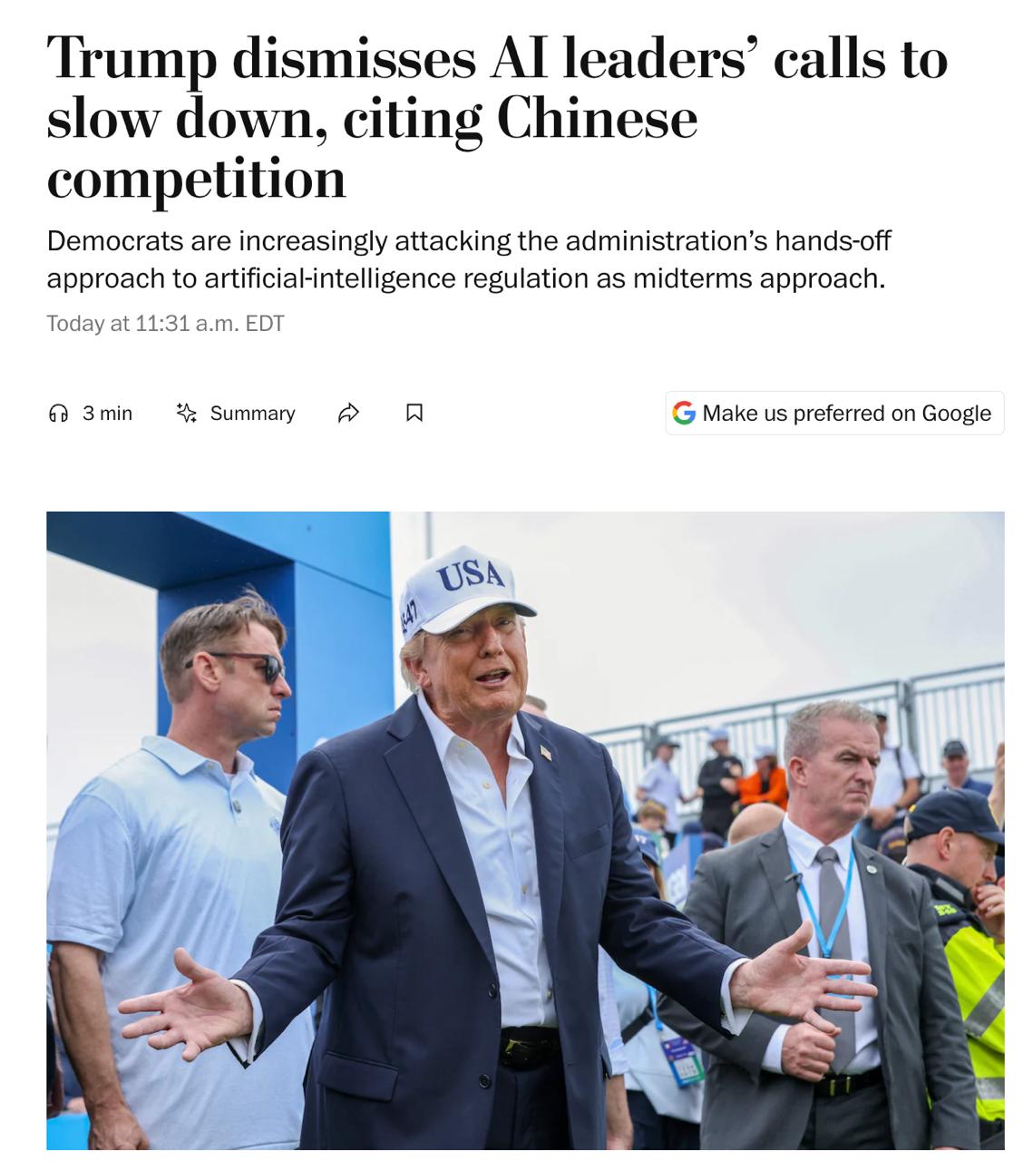 Знімок заголовка на washingtonpost.com - Трамп відкинув заклики сповільнити розвиток ІІ в США
