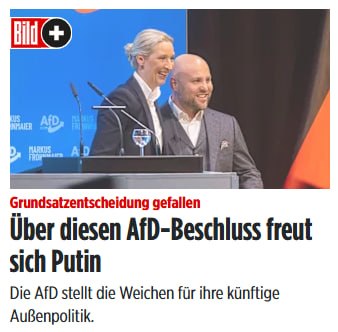 Снимок заголовка на bild.de &ndash; Альтернатива для Германии хочет нормализации отношений с Россией и прекращения военной помощи Украине