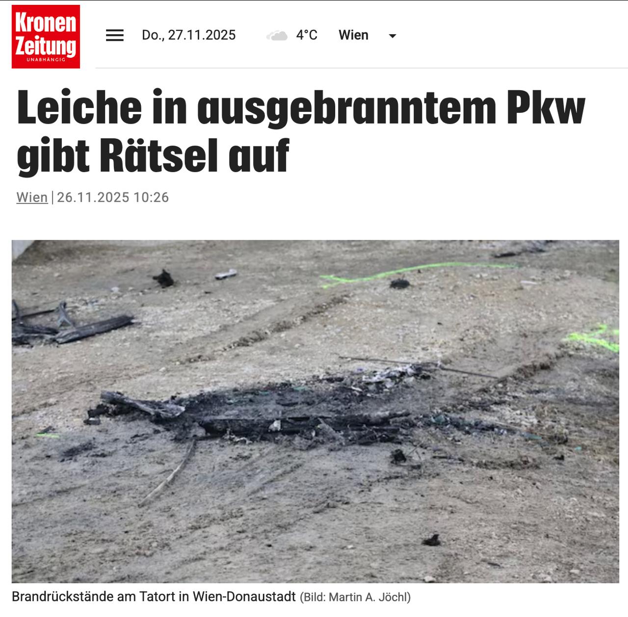 Знімок заголовка на krone.at - В Австрії побили та спалили українця в його машині