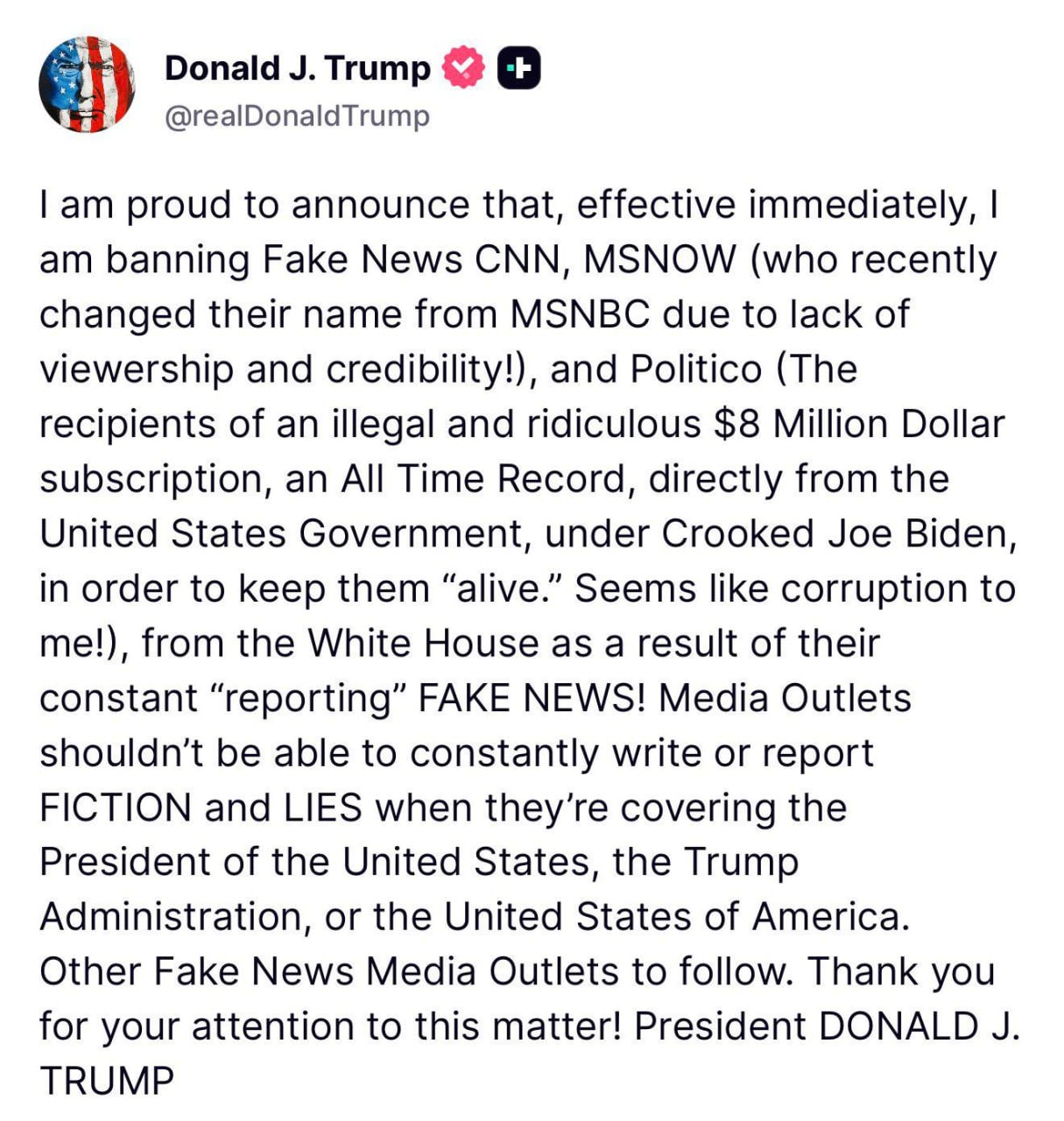 Знімок повідомлення в truthsocial.com &ndash; Трамп заборонив CNN, MSNOW та Politico доступ до Білого дому