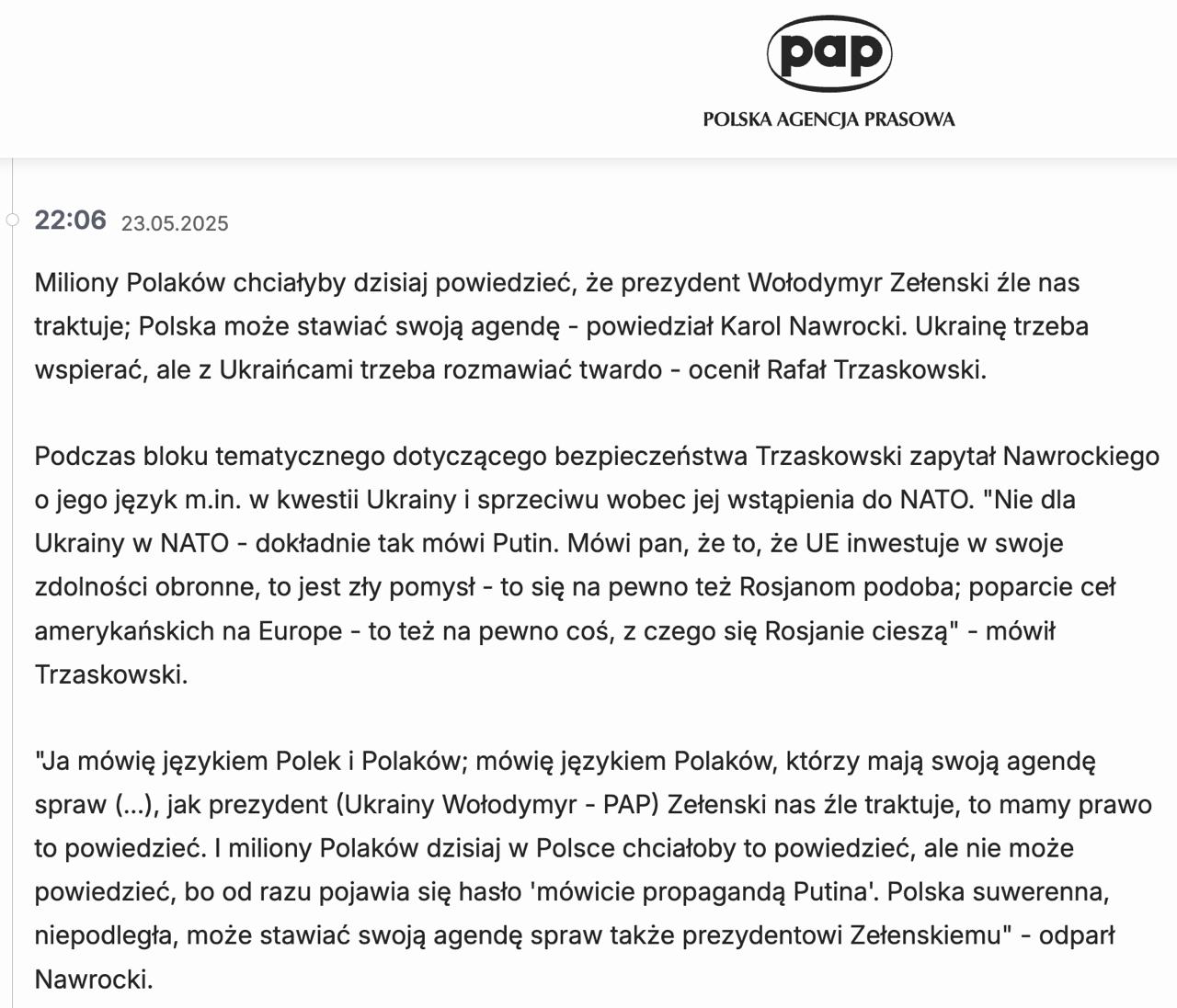 Снимок заголовка на pap.pl