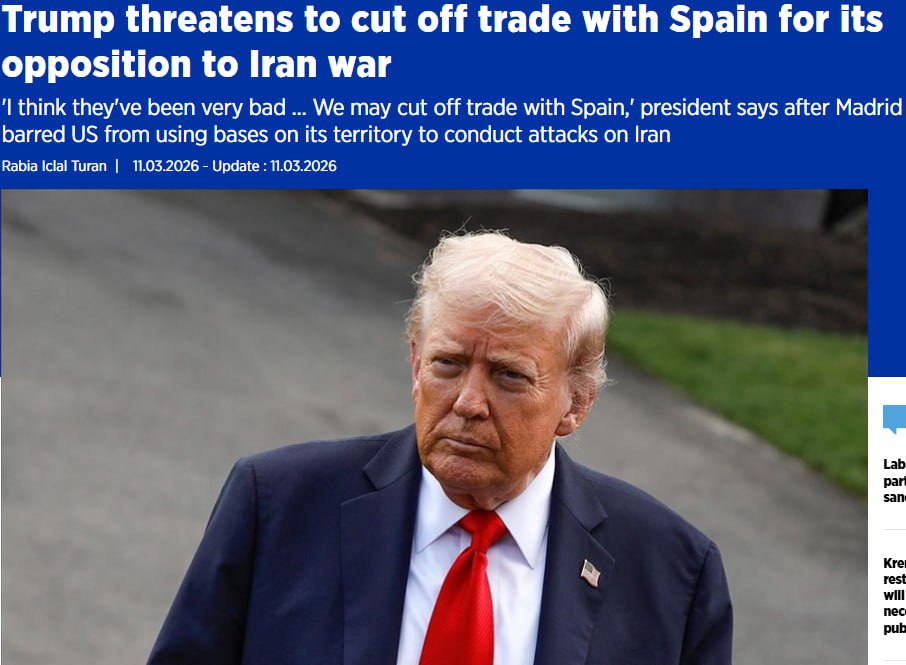 Снимок заголовка на aa.com.tr/en &ndash; Трамп продолжает обвинять Испанию в нарушении сотрудничества в войне США с Ираном