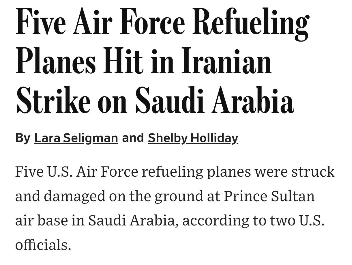 Снимок заголовка на wsj.com &ndash; Иран ударил по американским самолётам-заправщикам в Саудовской Аравии