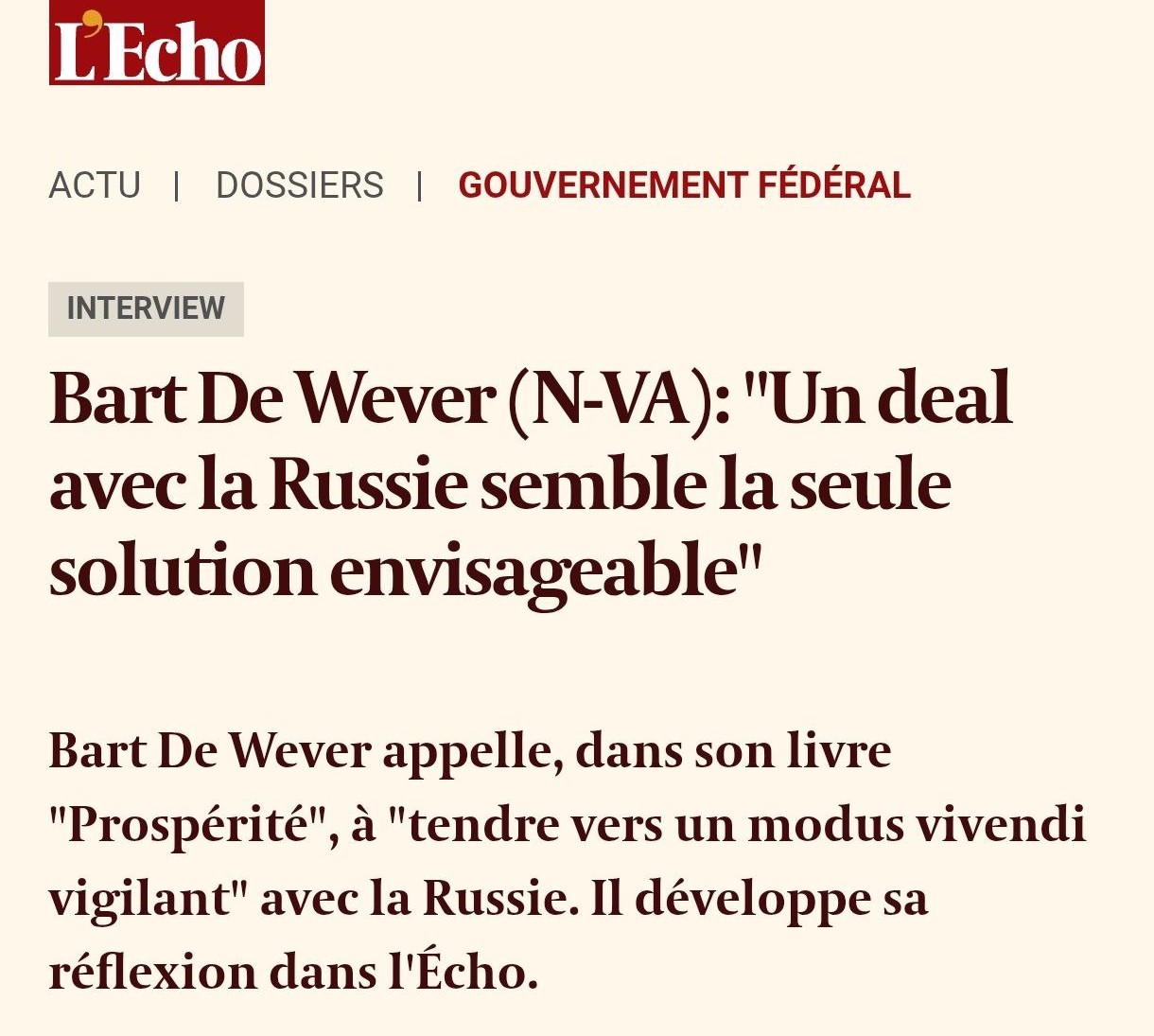 Снимок заголовка на lecho.be &ndash; Премьер Бельгии призвал ЕС к переговорам с Россией