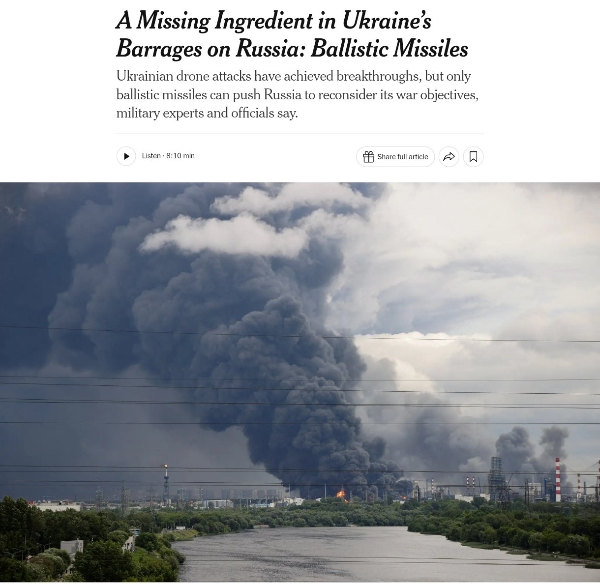 Снимок заголовка на nytimes.com – Россия расширяет примененеие ракет против Украины