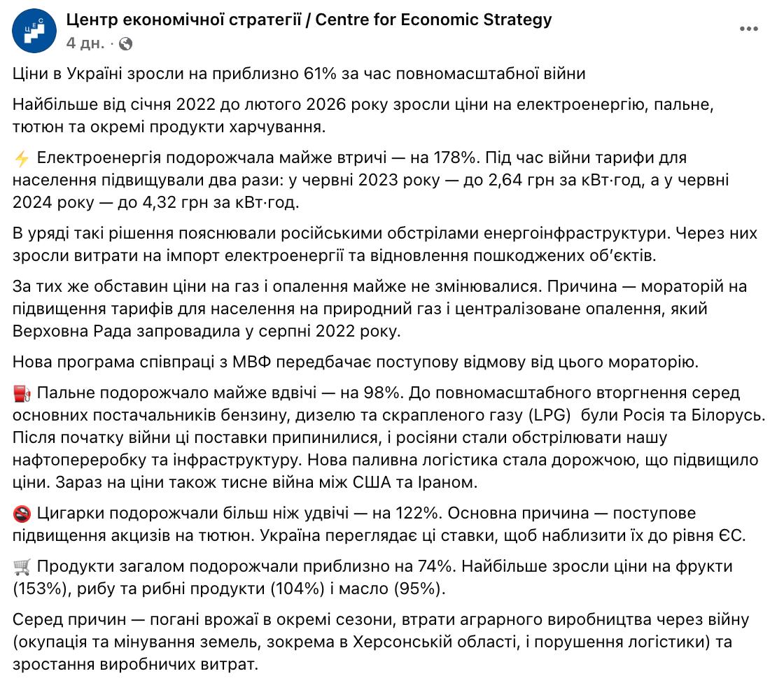 Снимок сообщения в Фейсбуке – Эксперты посчитали, как в Украине выросли цены за годы войны