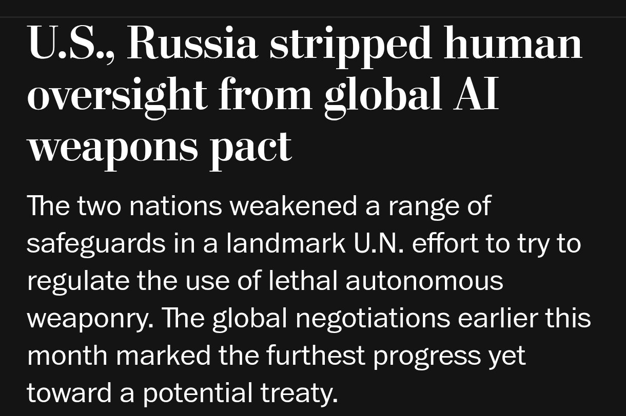 Снимок заголовка на washingtonpost.com &ndash; США и Россия добились удаления из проекта ООН ряда ограничений на военное применение ИИ