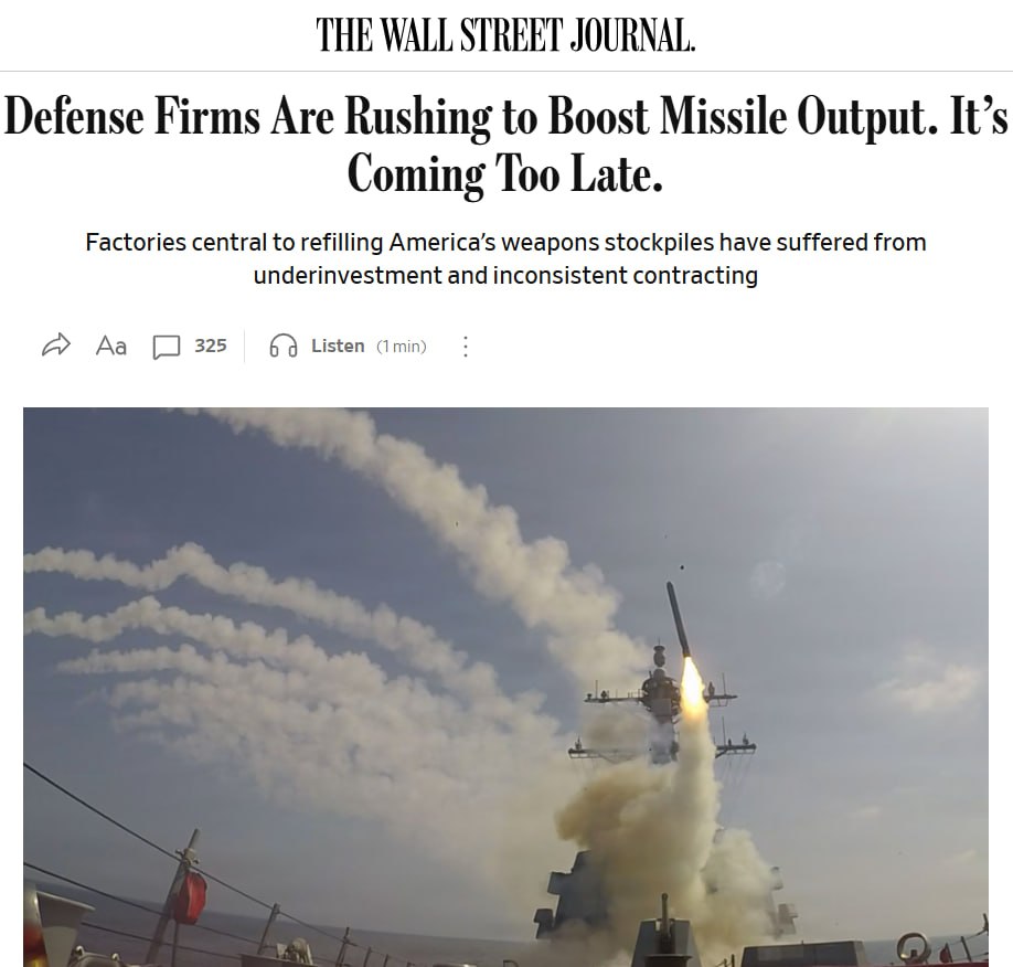Снимок заголовка на wsj.com &ndash; Война с Ираном серьёзно сократила запасы ракет у США