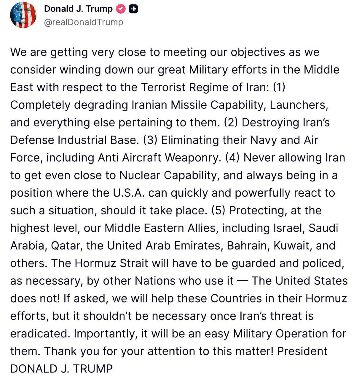 Знімок повідомлення Трампа на truthsocial.com – США можуть зупинити війну з Іраном