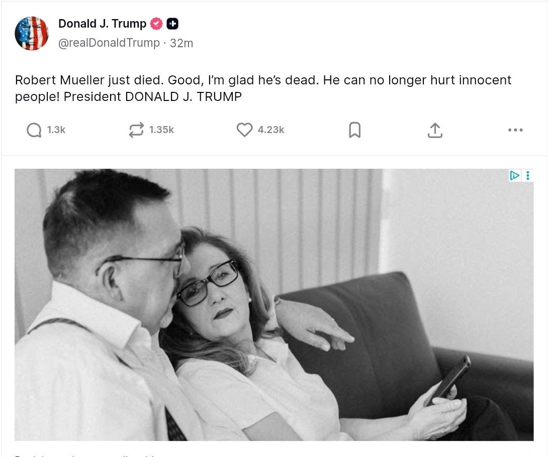 Снимок сообщения на truthsocial.com &ndash; Трамп обрадовался смерти своего обвинителя по делу о связях с Россией