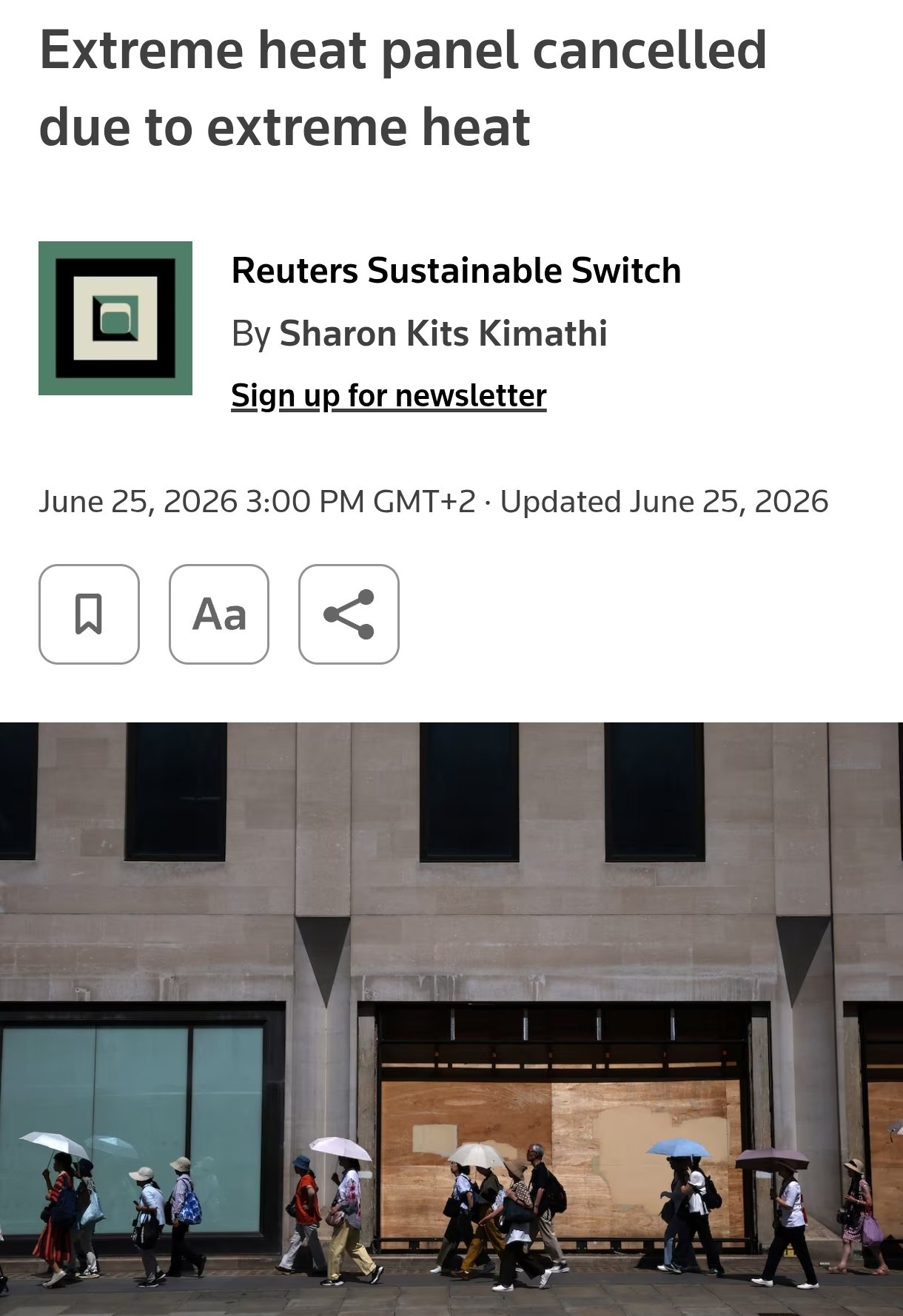 Снимок заголовка на reuters.com &ndash; В Лондоне отменили конференцию по жаре из-за жары