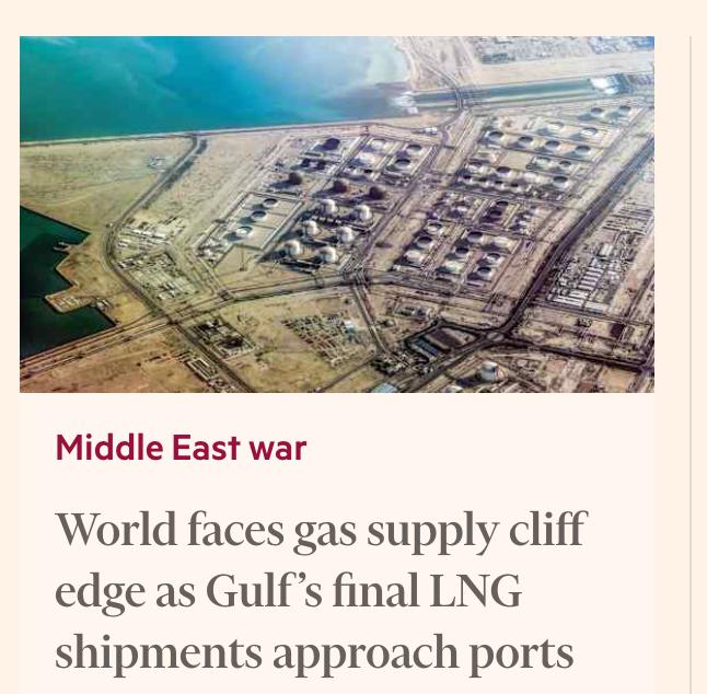 Знімок заголовка на ft.com &ndash; Зупиняється експорт ЗПГ із Близького Сходу