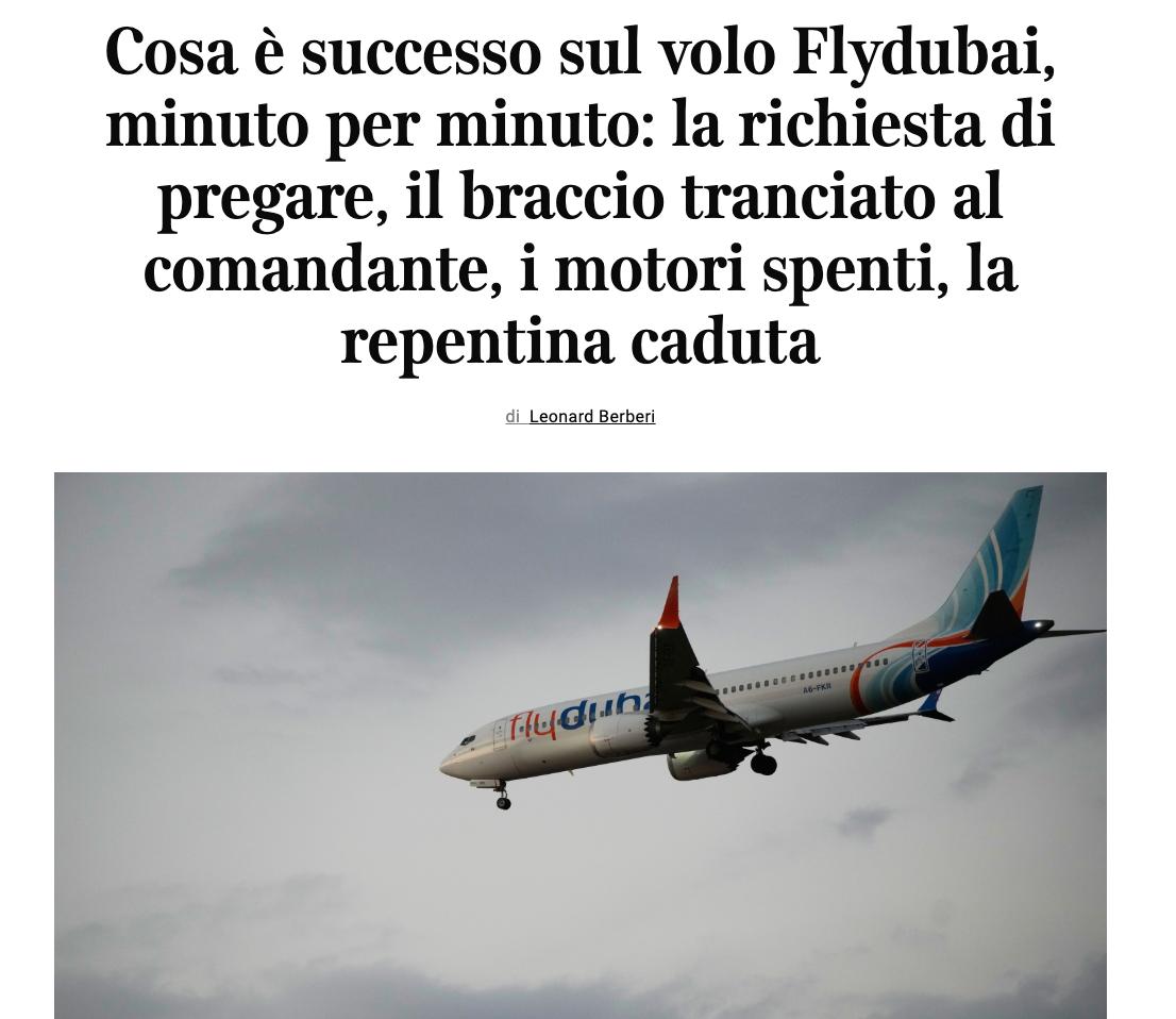 Снимок заголовка на corriere.it &ndash; Гражданин Омана планировал соврешить теракт в Израиле на самолёте