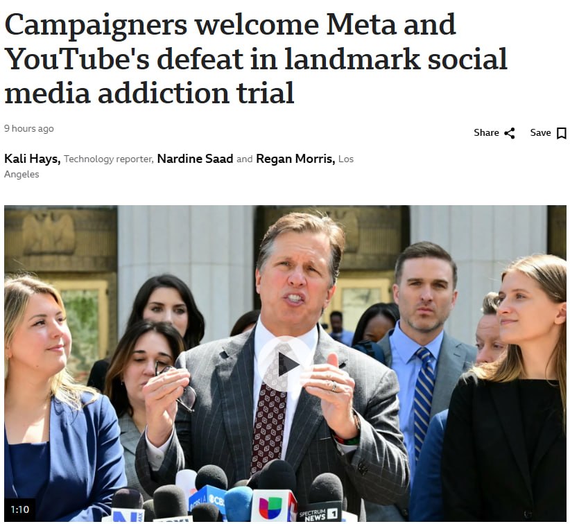 Знімок заголовка на bbc.com &ndash; присяжні США визнали Meta та Google винними у завданні шкоди дитині