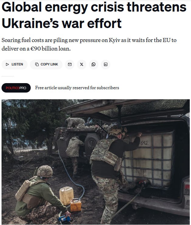 Знімок заголовка на politico.com – ЗСУ відчули нестачу палива через війну США з Іраном