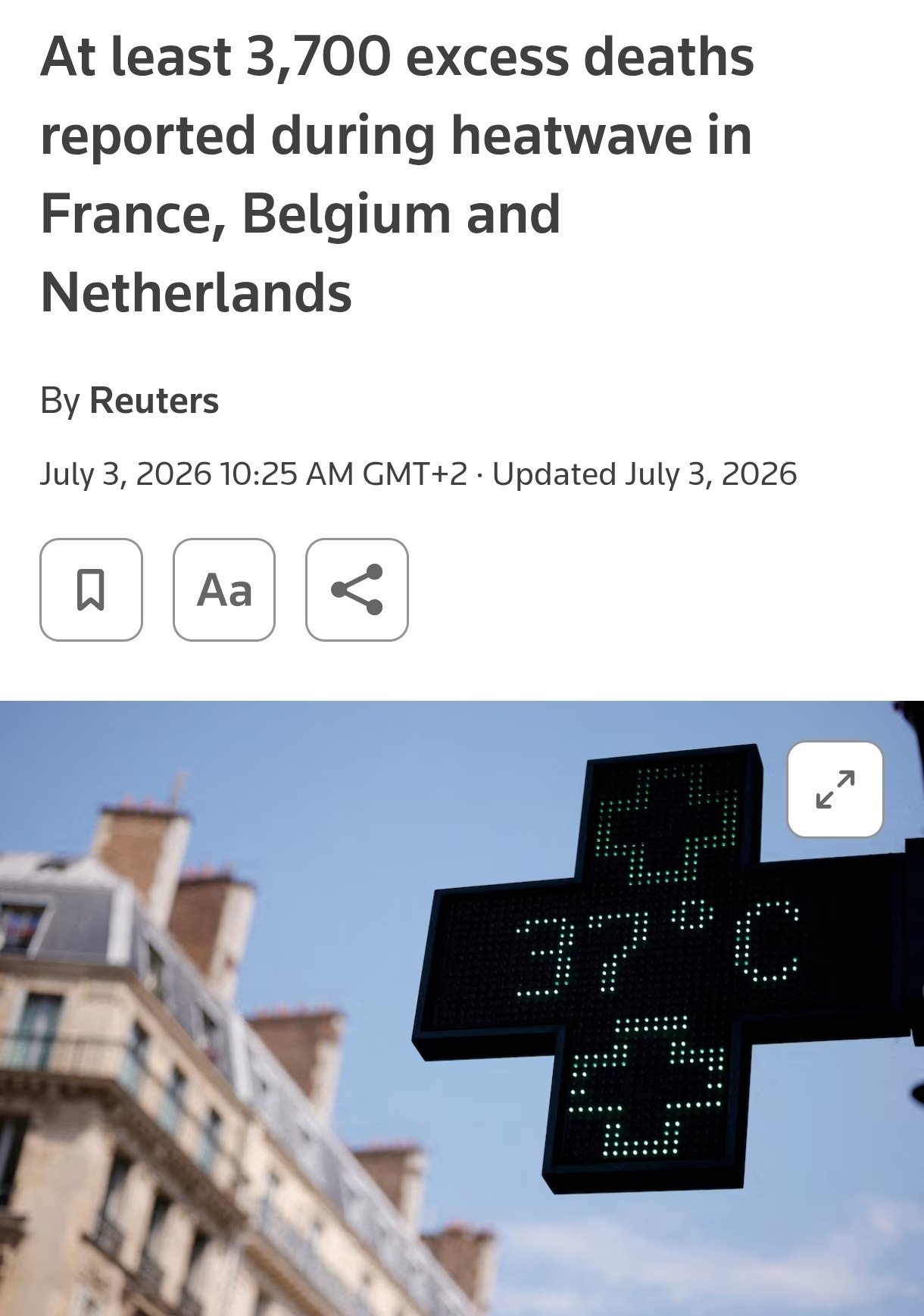 Снимок заголовка на reuters.com &ndash; От жары в Европе умерли 3700 человек