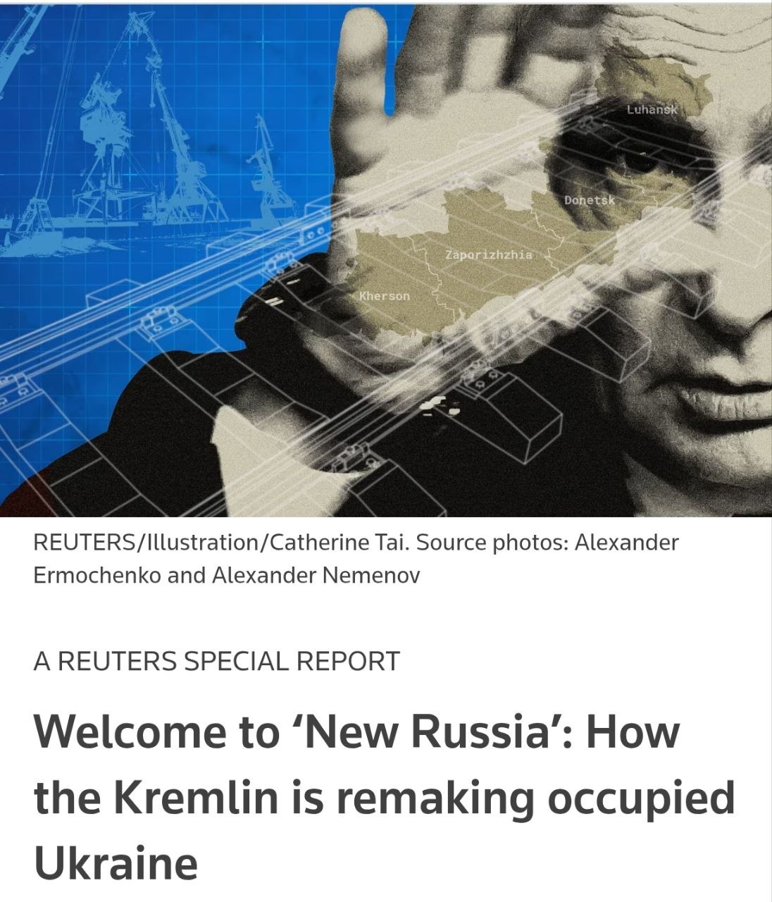 Снимок заголовка на reuters.com &ndash; Россия ведёт масштабные работы на оккупированных территориях Украины