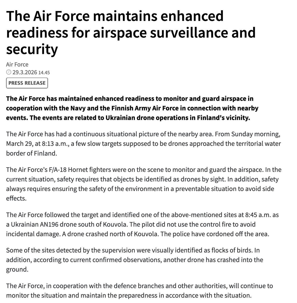 Снимок сообщения Воздушных войск Финляндии – Под Коуволой упали два дрона из Украины
