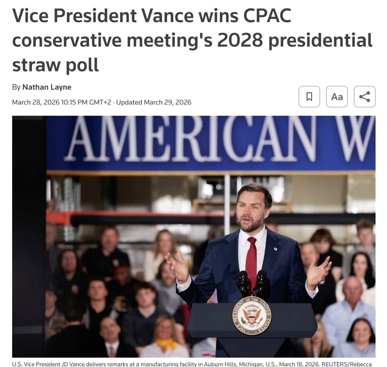 Знімок заголовка на reuters.com &ndash; Віце-президент США Джей Ді Венс може стати приймачем Трампа на виборах у 2028