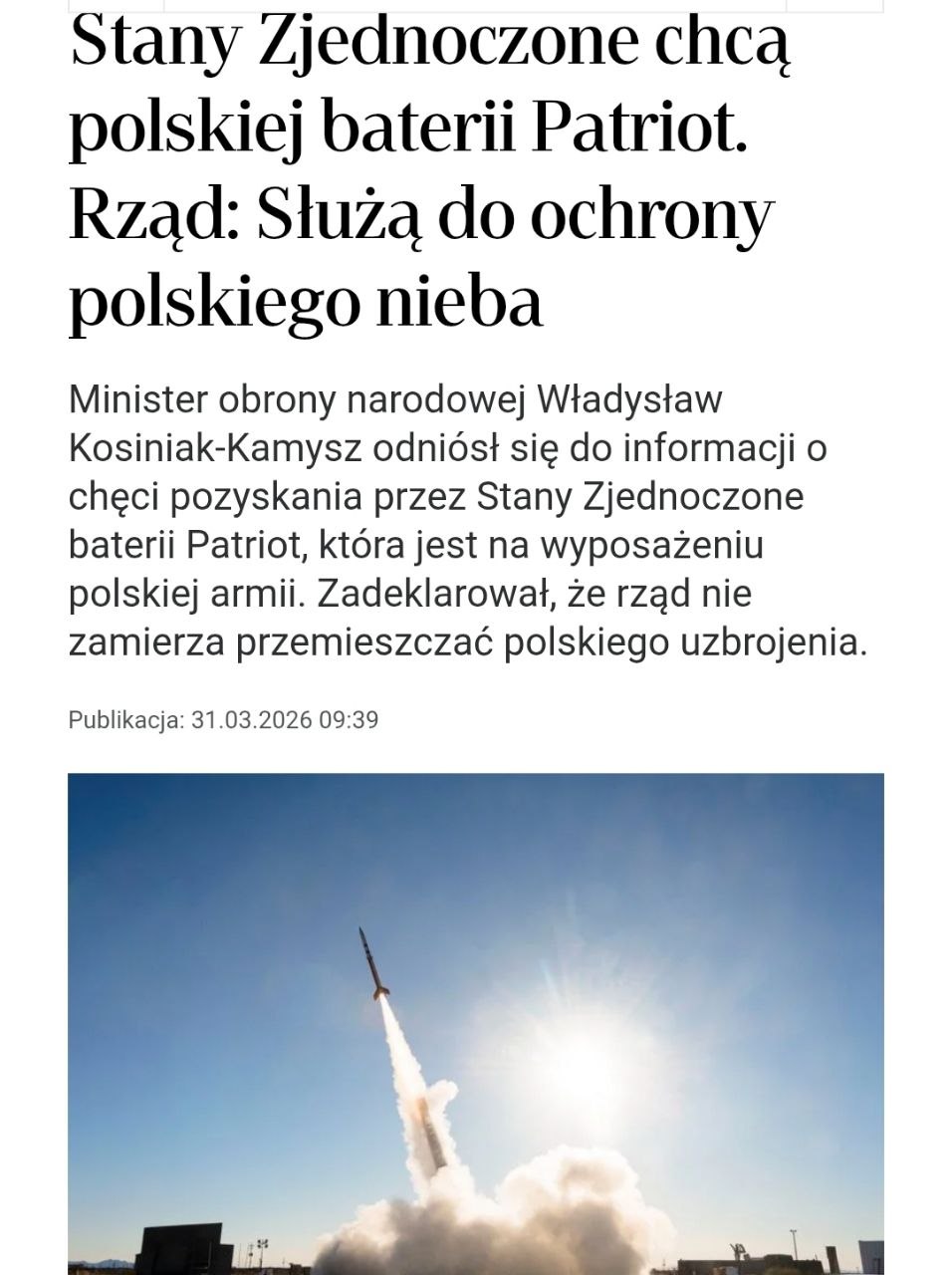 Знімок заголовка на rp.pl &ndash; США запропонували Польщі віддати комплекси ППО Patriot для війни з Іраном