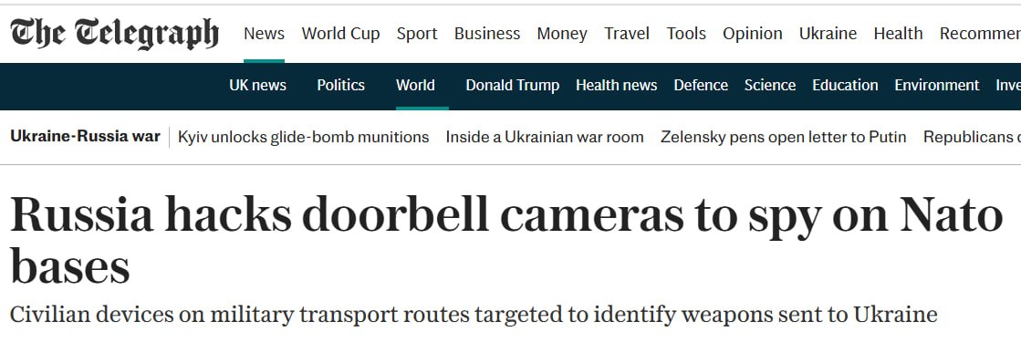 Снимок заголовка на telegraph.co.uk &ndash; Российские хакеры взломали камеры на маршрутах НАТО
