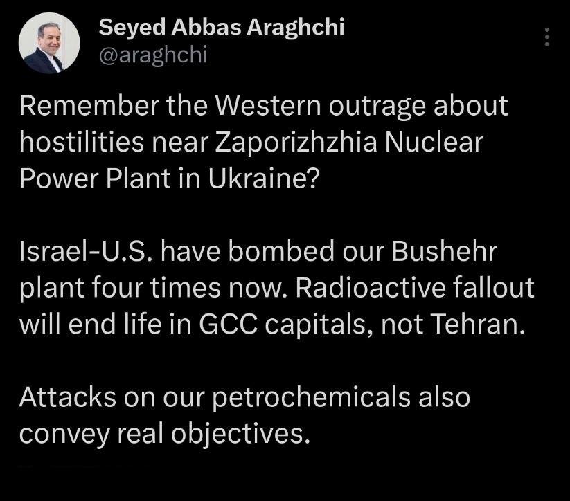 Знімок повідомлення у Х &ndash; Аббас Аракчі прокоментував удар по атомній станції Ірану у Бушері